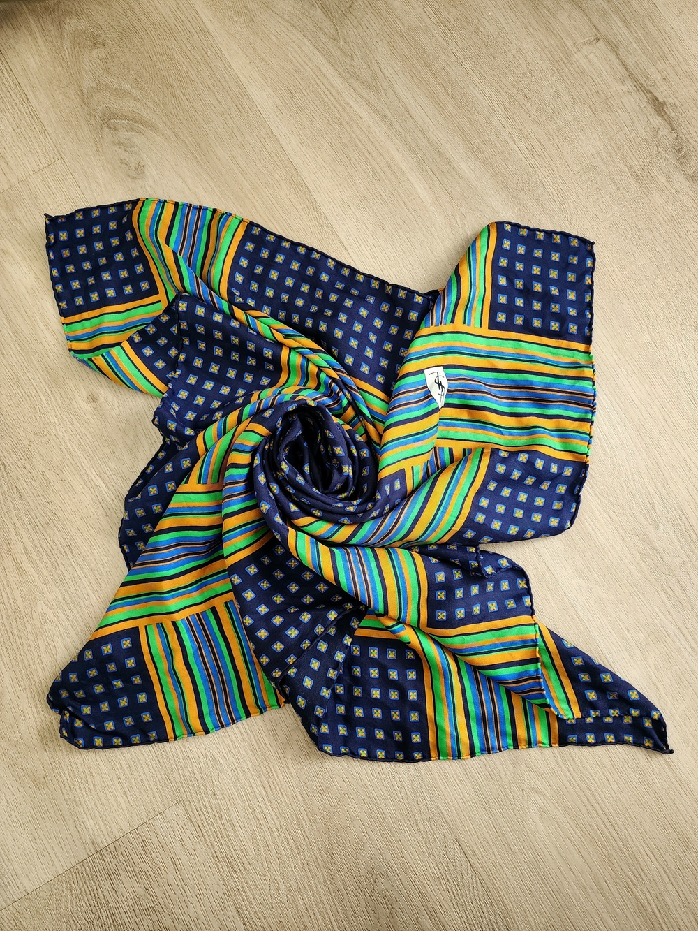 Vintage Yves Saint Laurent YSL Square Scarf 34x34" Navy Blue Green Gold Hand-Rol
